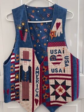 Patriotic USA Patchwork reversible  Vest in Red, White & Blue